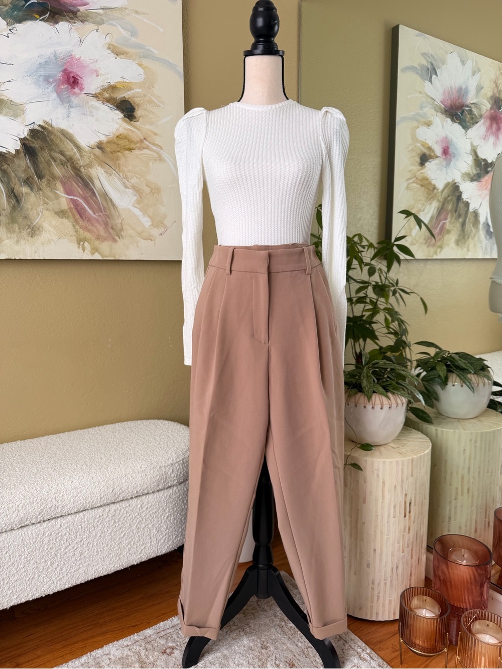 Zara Taupe High-Waist Cuffed Pleated Trousers XS